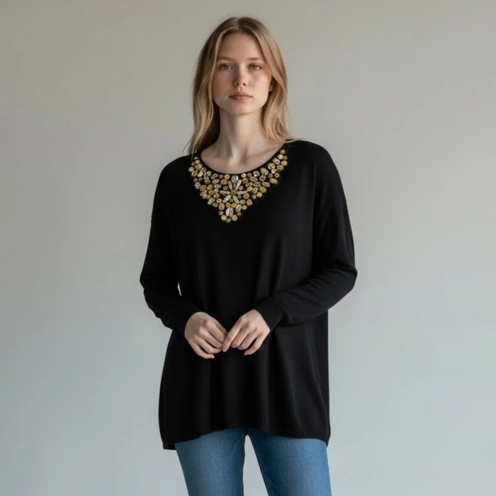 Reba Black jeweled front sweater NWT‎